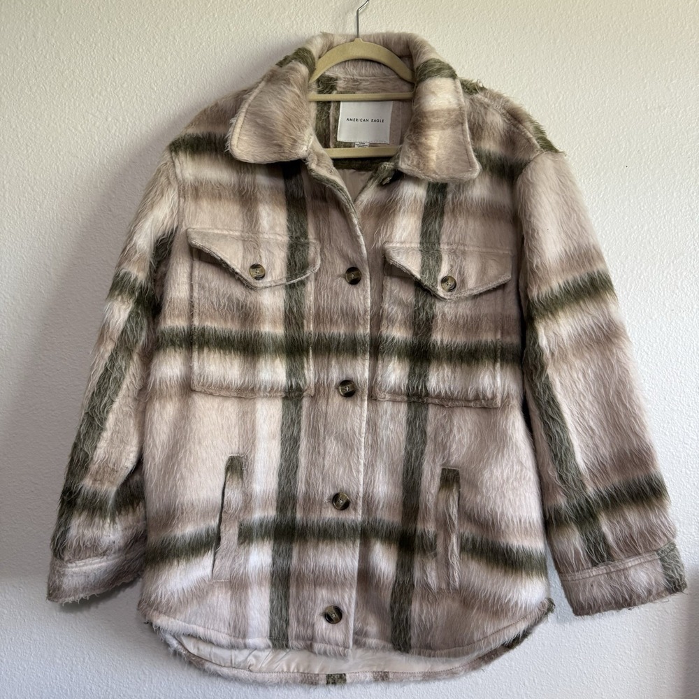 American Eagle‎ Jacket Womens Small Brushed Plaid Shacket Collared Button Up